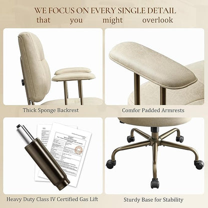 EUREKA ERGONOMIC Becky Home Office Desk Chairs Leather, Comfy Office Chair with Lumbar Support and Arms, Mid-Back, Comfortable Thick Cushion, Mid-Century Modern, Height Adjustable, Off-White