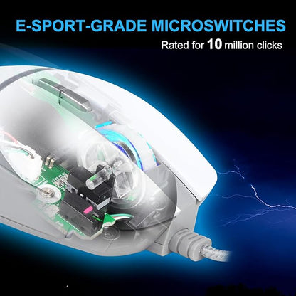 BM-88 Wired Gaming Mouse, 7200 DPI, Musicsync RGB Backlit, 7 Programmable Buttons with 13 Lighting Effects, Braided Cable - White