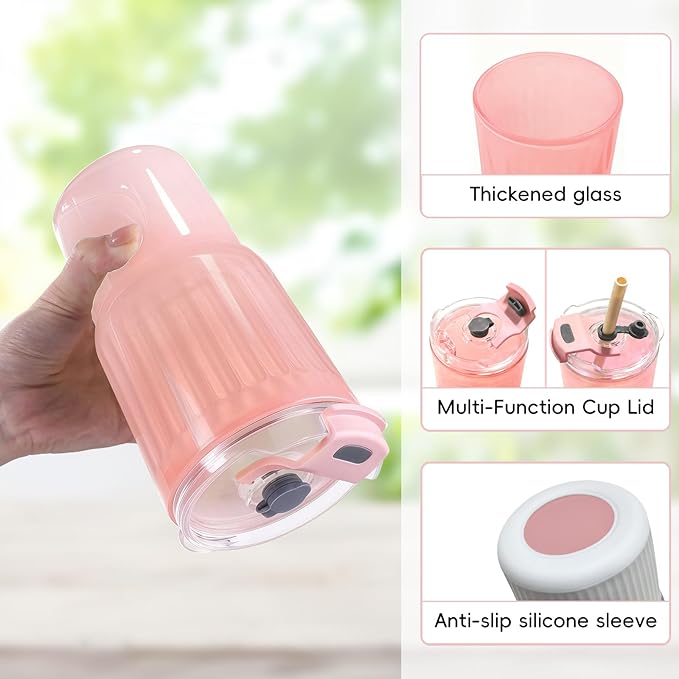 Iced Coffee Cups with Lids: Coffee Bar Accessories - Ribbed Glass Tumbler with Silicone Straw and Lid - 20oz Leak Proof Reusable Glass Cups and Tumblers with Lid and Silicone Straws(1Pcs-Pink)