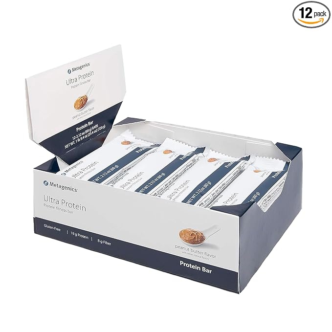 Metagenics Ultra Protein Bar - Protein Fitness Bar with 19 grams of Protein and 8 grams of Dietary Fiber, Peanut Butter Flavor, 12 Bars