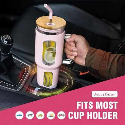 Glass Tumbler with Lid and Straw, 46 oz Iced Coffee Cup with Handle, Large Water Bottles with Silicone Sleeve, Glass Cup with Straws - Pearl Straw & Drinking Straw BPA Free-CottonPink