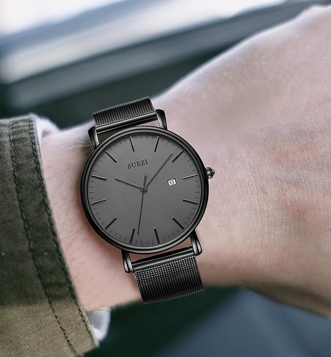 BUREI Men Watches Brown Leather Fashion Minimalist Wrist Watch Simple Ultra Thin Waterproof Quartz Watches All Black Stainless Steel Mesh Band,Gift for Men Women