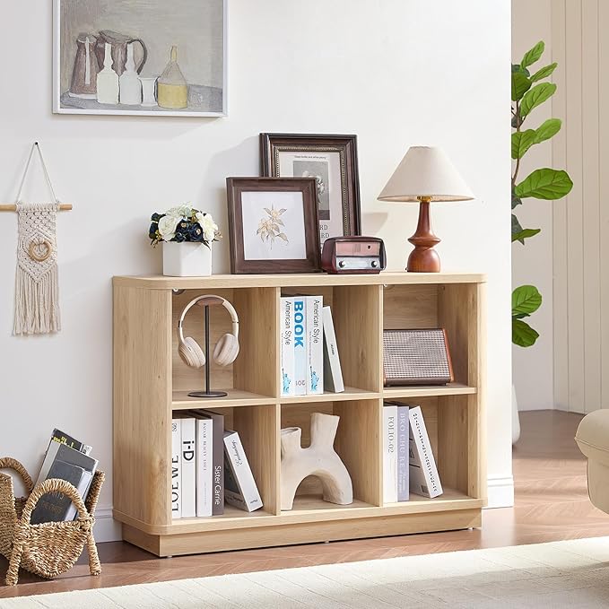 6 Cube Storage Book Shelf, 40" Wide Low Horizontal Bookcase with Curved Edge, Floor Standing 2-Tier Wooden Bookshelf with Base, Modern Short Book Case for Bedroom, Study, Entryway, Natural Oak
