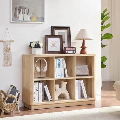 6 Cube Storage Book Shelf, 40" Wide Low Horizontal Bookcase with Curved Edge, Floor Standing 2-Tier Wooden Bookshelf with Base, Modern Short Book Case for Bedroom, Study, Entryway, Natural Oak