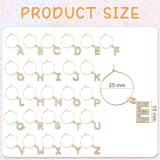 Junkin 26 Pcs Wine Glass Charms Markers Tags for Stem Glasses Drink Markers Wine Charm Ring Identifier for Wedding Bachelorette Tasting Holiday Party Favor Decoration (Gold Letter)
