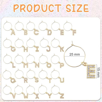 Junkin 26 Pcs Wine Glass Charms Markers Tags for Stem Glasses Drink Markers Wine Charm Ring Identifier for Wedding Bachelorette Tasting Holiday Party Favor Decoration (Gold Letter)