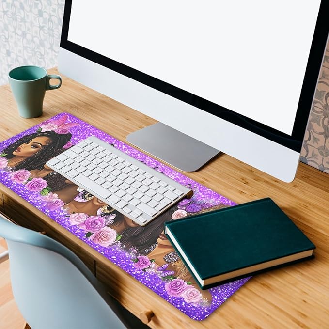 Black Women Gaming Mouse Pad Strong Purple Butterfly Floral Extended Gaming Mouse Pad Mat with Stitched Edge Non-Slip Base Big Mousepad 31.5"x11.8"