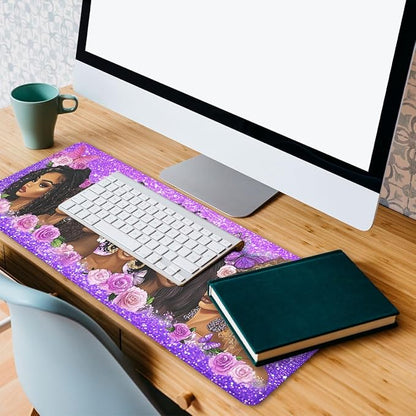 Black Women Gaming Mouse Pad Strong Purple Butterfly Floral Extended Gaming Mouse Pad Mat with Stitched Edge Non-Slip Base Big Mousepad 31.5"x11.8"