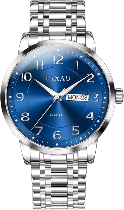 Stainless Steel Mens Watches with Day Date Quartz Analog Large Face Classic Watch Arabic Numerals Dress Luminous Rlojes para Hombres