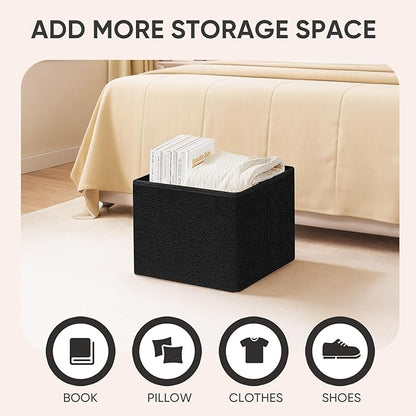 PINPLUS Storage Ottoman Cube Ottoman Foot Rest,Small Foldable Portable Boucle Upholstered Sherpa Ottomans, Faux Teddy Fur, Black 16.5"x12.6"x12.6"