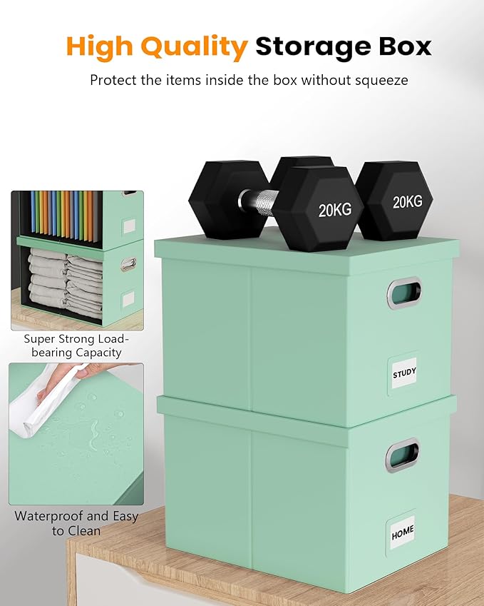2 Pack File Storage Organizer Box,Portable File Box with Lid,Fit for Letter/Legal File Folder Storage, Mint-green(Leather)