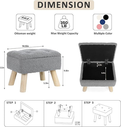 Storage Ottoman, Small Storage Ottoman Foot Stool with Wood Legs, Teddy Velvet Rectangular Foot Rest for Chair, Soft Sponge White Footstool for Living Room, Couch, Bedroom, Dorm (Grizzly)
