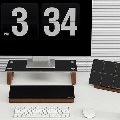 YEOUX Black Glass Computer Monitor Stand Riser with Wooden Base for Flat Screen LCD, LED TV, Laptop, Printer, Multi Media Desktop Stand, Office Supplies Desk Organization