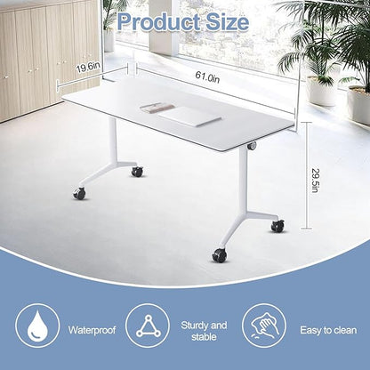 Conference Table, Foldable Conference Room Tables with Silent Wheels, Folding Modular Seminar Meeting Tables, Modern Rectangle Training Table for Office, Boardroom (4, White, 61.0)