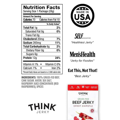 Think Jerky Sweet Chipotle Beef Jerky, Grass-Fed High Protein Beef, Gluten Free, No Antibiotics or Nitrates, Healthy Chef Crafted Recipe, Low Calorie and Low Fat - 1.0 oz Bags, 12 Pack