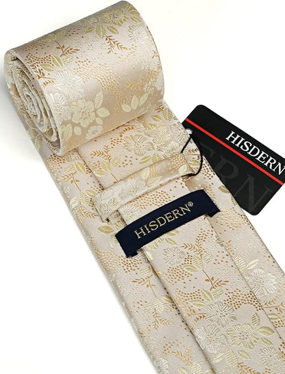 HISDERN Men Floral Ties Woven Classic 3.4" Necktie Set Formal Tie Pocket Square for Wedding with Handkerchief Gift Box