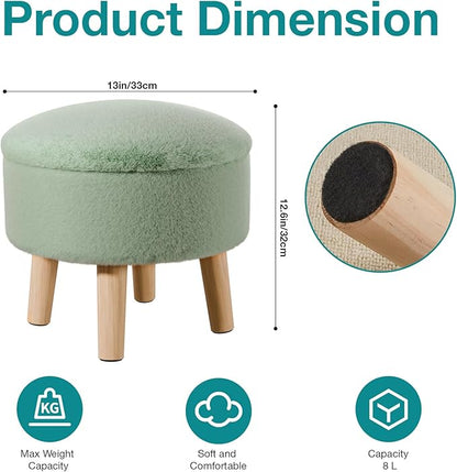 Poofzy Small Ottoman with Storage, Small Foot Stool Ottoman with Wood Legs, Faux Fur Foot Rest for Couch, Living Room and Bedroom - Light Green