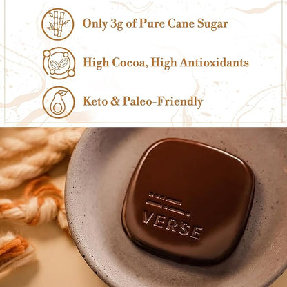 Verse 70% Dark Chocolate with Almonds - Only 3g Cane Sugar - Creamy Dark Cocoa Squares - Individually Wrapped Chocolates (30 Count)