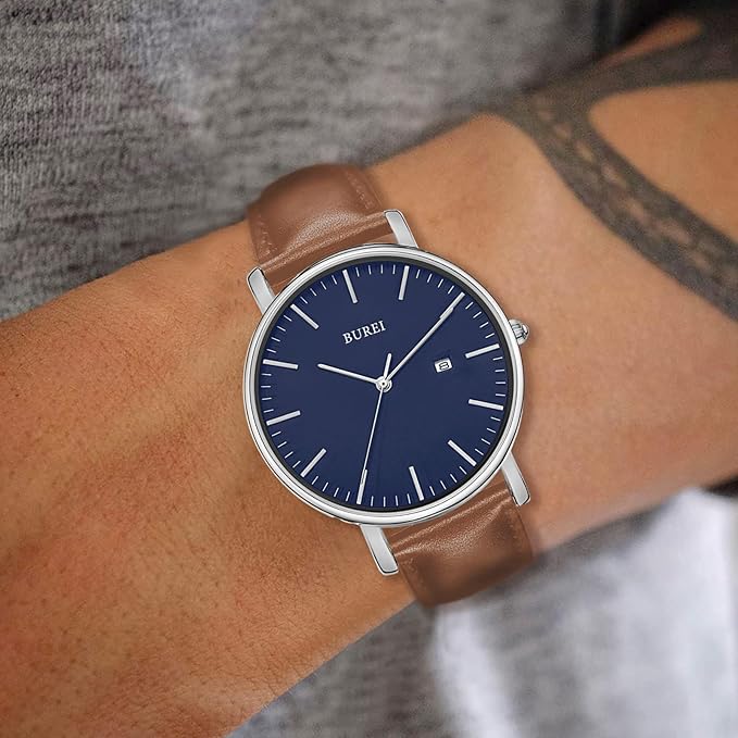 BUREI Men Watches Brown Leather Fashion Minimalist Wrist Watch Simple Ultra Thin Waterproof Quartz Watches All Black Stainless Steel Mesh Band,Gift for Men Women