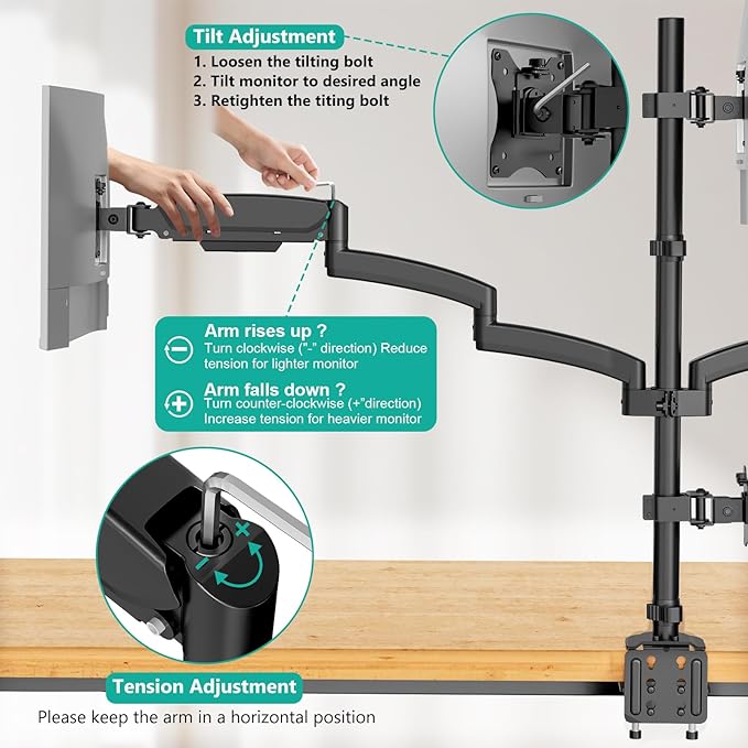 WALI Quad Monitor Mount for 17-27 inch Screens, Extra Tall 4 Monitors Desk Mount, up to 19.8lbs, 32.2 inch Height Max, Fully Adjustable Gas Spring 4 Monitor Stand, VESA 75/100mm (GSDM004S), Black