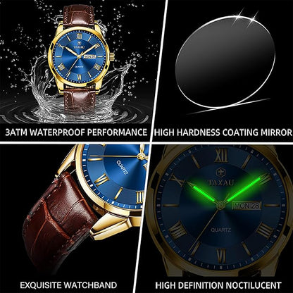 Mens Watches Luxury Dress Waterproof Leather Watch with Date Day Analog Quartz Large Number Wrist Watch Casual Classic Luminous Scales Big Face Easy Read Reloj para Hombre