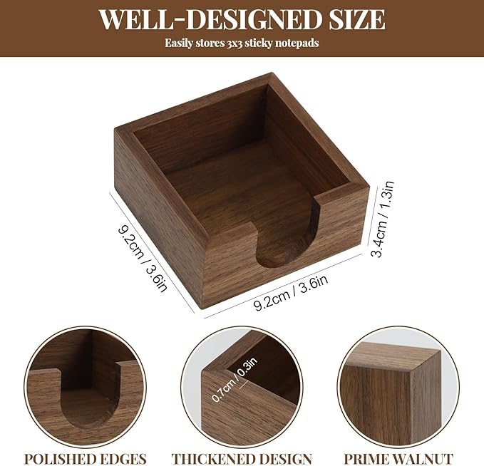 MultiBey 3x3 Sticky Note Holder, Walnut Wood Memo Cube Dispenser for Desk, Compact 3.6x3.6x1.3 Inch Post It Note Organizer, Office Desk Accessories for Home, School