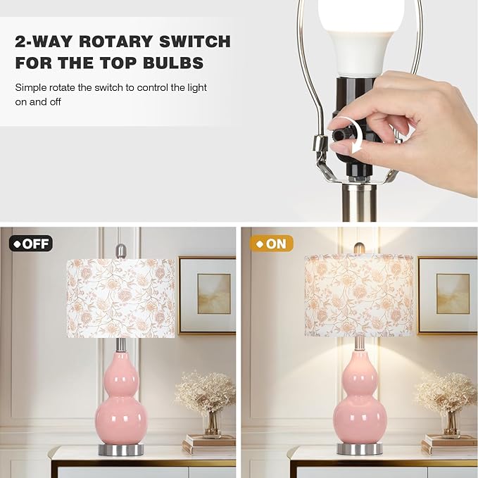 Pink Double Gourd Ceramic Lamps Set of 2 with Flower Lampshade, Modern Table Lamps for Living Room, Contemporary Nightstand Bedside Lamp for Bedrooms End Tables Office Dorm Decor(2 LED Bulbs Included)