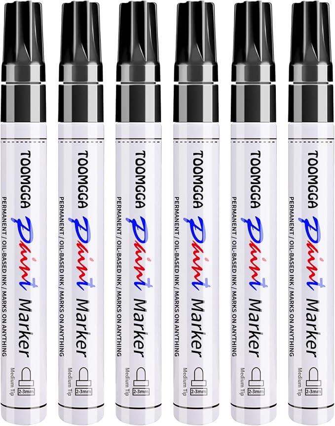 Black Paint Pens Permanent Paint Markers - 6 Pack Oil Based Marking Pens, Medium Point, Quick Drying and Waterproof Pens for Rock Painting Car Tyre Metal, Plastic, Canvas, Wood