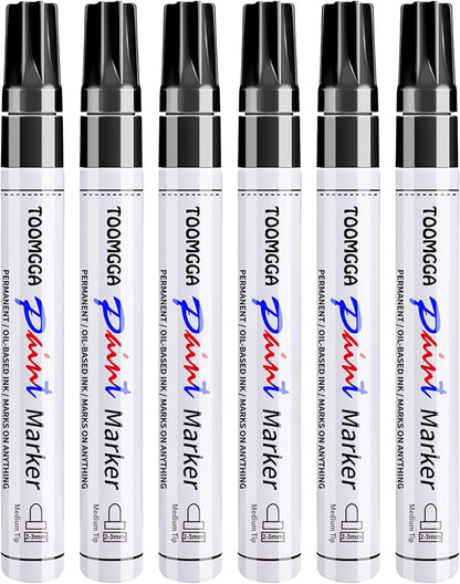 Black Paint Pens Permanent Paint Markers - 6 Pack Oil Based Marking Pens, Medium Point, Quick Drying and Waterproof Pens for Rock Painting Car Tyre Metal, Plastic, Canvas, Wood