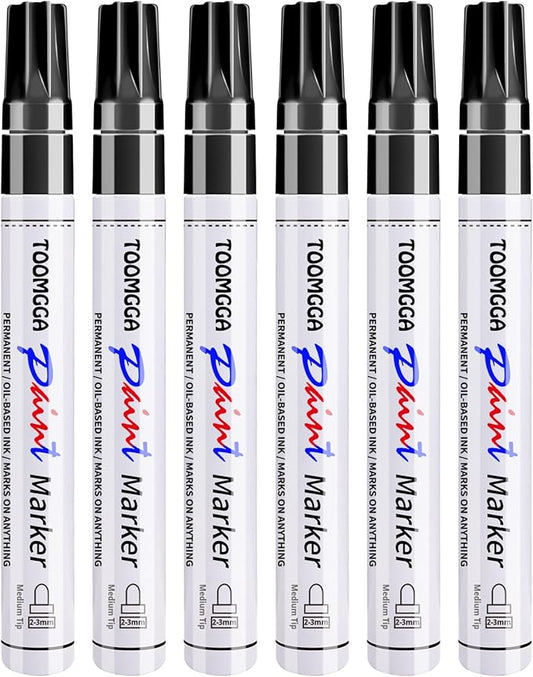 Black Paint Pens Permanent Paint Markers - 6 Pack Oil Based Marking Pens, Medium Point, Quick Drying and Waterproof Pens for Rock Painting Car Tyre Metal, Plastic, Canvas, Wood
