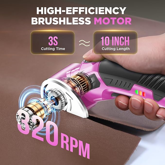 Cordless Electric Scissors: 4V Rechargeable Rotary Cardboard Cutter, 3000mAh Battery, with LED Light, 2 Blades, Box Cutter for Fabric Carpet Carton Plastic Leather Cloth (Pink)