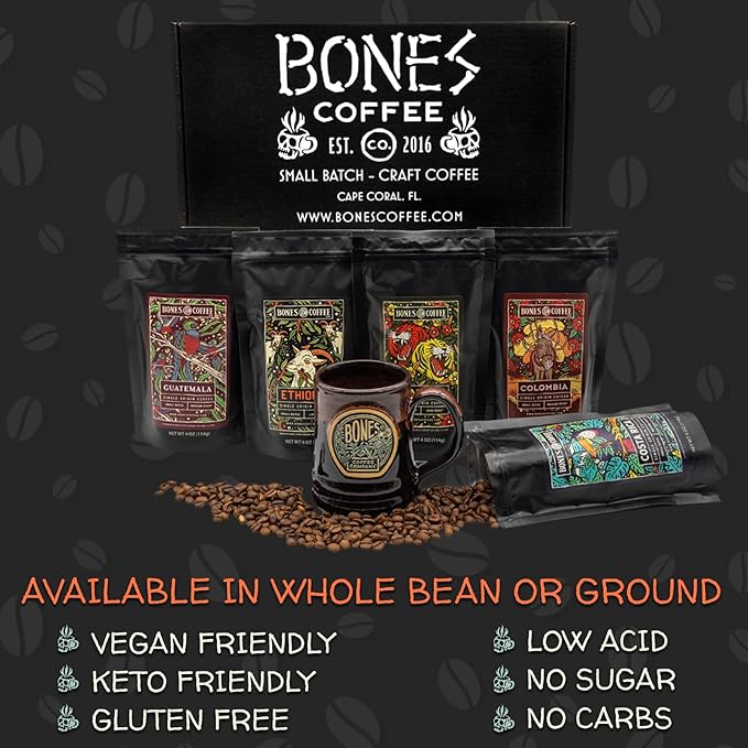 Bones Coffee Company NEW World Tour Sample Pack Box Set with Specialty Coffee Mug, 5 Assorted Single-Origin Low Acid Medium Roast Arabica Beans Flavored Coffee Gifts, 4 oz Pack of 5 Whole Bean