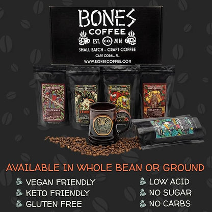 Bones Coffee Company NEW World Tour Sample Pack Box Set with Specialty Coffee Mug, 5 Assorted Single-Origin Low Acid Medium Roast Arabica Beans Flavored Coffee Gifts, 4 oz Pack of 5 Whole Bean