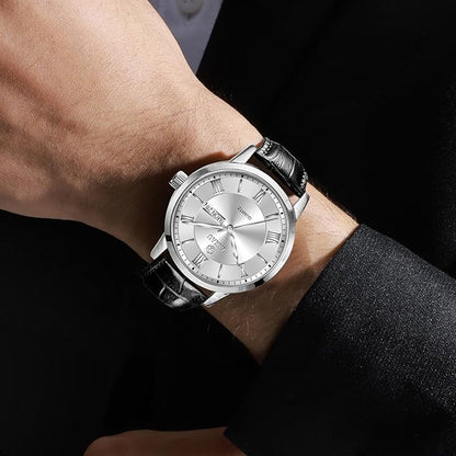 Mens Watches Luxury Dress Waterproof Leather Watch with Date Day Analog Quartz Large Number Wrist Watch Casual Classic Luminous Scales Big Face Easy Read Reloj para Hombre