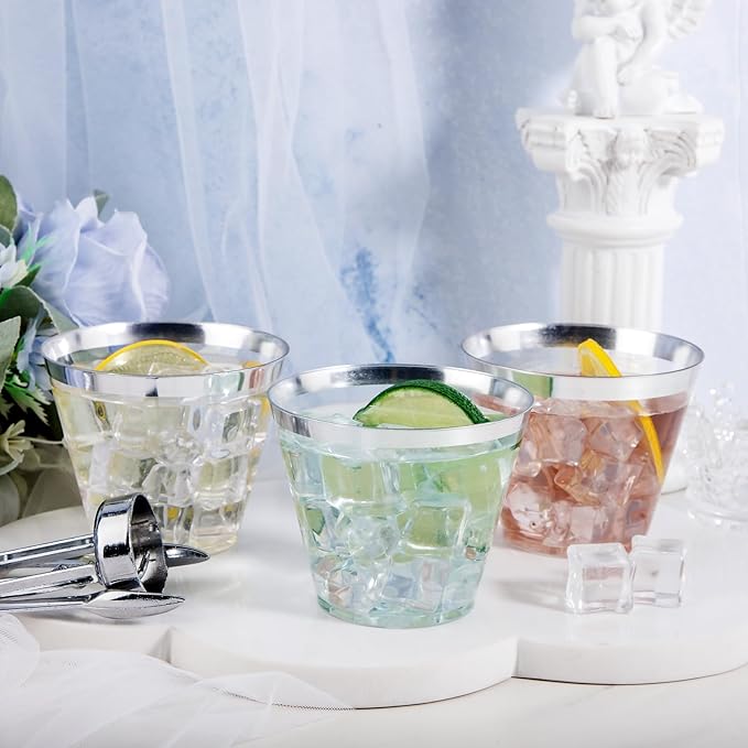 Nervure 240 PCS Silver Plastic Cups - 9Oz Silver Rimmed Plastic Cups - Heavy Duty Plastic Cup with Silver Rim Perfect for Weddings, Receptions & Parties