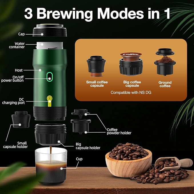 LumoShine Portable Electric Espresso Machine,Travel Coffee Maker for Camping,Car Coffee Maker Self-Heating with USB-DC, Compatible with Ground Coffee & Capsule for Hiking,Office,RV - Green