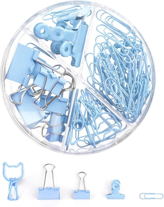 Blue Paper Clips and Binder Clips Set, Metal Assorted Sized Binders with Push Pins, Cute Office Supplies for Desk, Desk Accessories