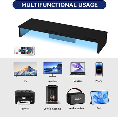 Dual Monitor Stand Riser with LED Lights and Phone Tablet Holder, 35.8in Large Monitor Stand for Desk, Computer Monitor Stand for 2 Monitors, Desktop Shelf Organizer for Laptop, Printer, TV