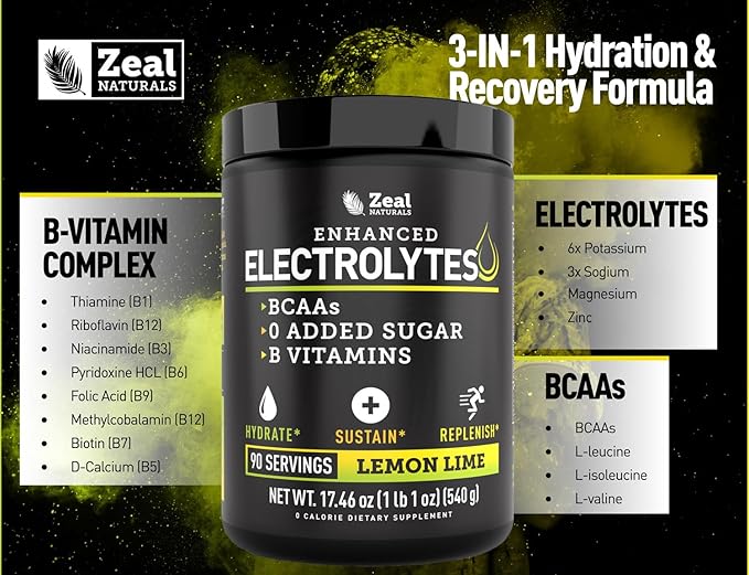 Zeal Electrolyte Powder - 90 Servings | Keto Electrolytes Powder | Zero Sugar, BCAAs, B-Vitamins | Potassium, Zinc, Magnesium | Hydration Powder Recovery Drink | Lemon Lime