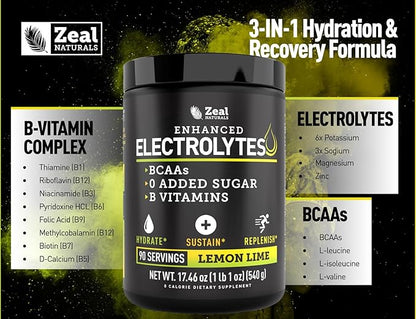 Zeal Electrolyte Powder - 90 Servings | Keto Electrolytes Powder | Zero Sugar, BCAAs, B-Vitamins | Potassium, Zinc, Magnesium | Hydration Powder Recovery Drink | Lemon Lime