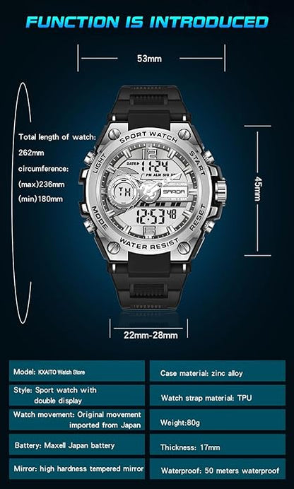 KXAITO Men's Watches Sports Outdoor Waterproof Military Watch Date Multi Function Tactics LED Alarm Stopwatch