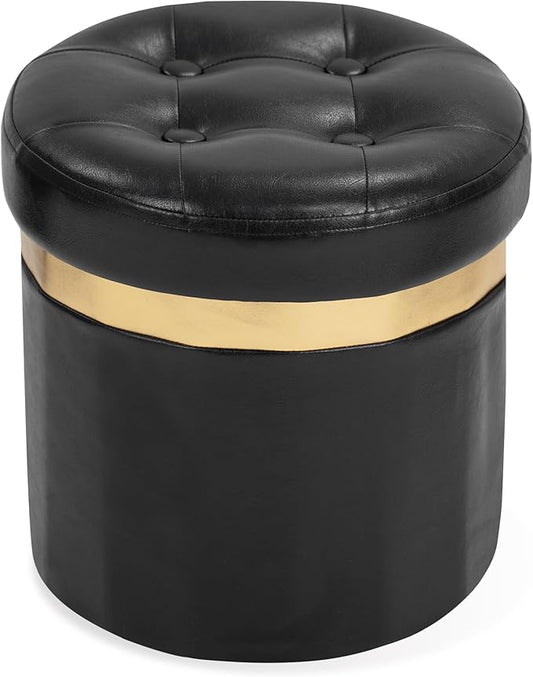 Small Ottoman with Storage,Folding Round Ottoman with Gold Trim,Velvet Storage Stool,Foot Stool with Soft Padded,Foot Rest for Living Room13“x13”x12.4(YZblack,1pcs)