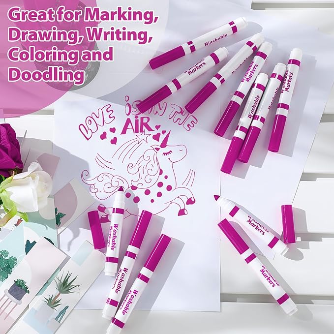Janlaugh 36 Pcs Rose Pink Washable Markers Bulk Coloring Broad Line Markers for Kids Rose Pink Conical Tip Drawing Pen for School Travel Art Baby Shower Gender Reveal Party Supplies, Ages 6+
