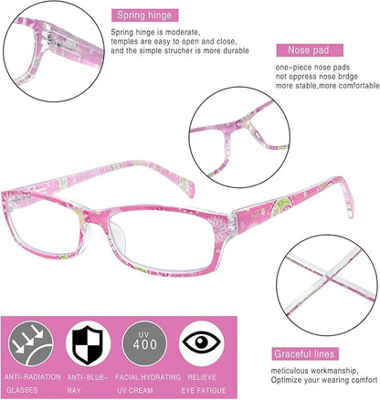 Henotin 6-Pack Reading Glasses Blue Light Blocking Anti Eyestrain Computer Reading Glasses for Women and Men Readers (Mix Color-D, 4.00, Diopters)