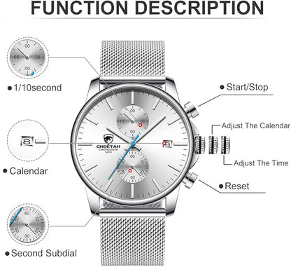 GOLDEN HOUR Mens Watch Fashion Sleek Minimalist Quartz Analog Mesh Stainless Steel Waterproof Chronograph Watches for Men with Auto Date