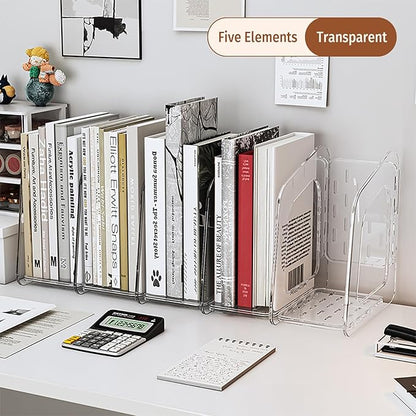 Clear Acrylic Book Stand 5-Section Vertical File Desk Organizer with Handle Detachable Magazine Rack for Office Closet & Kitchen Storage (White)