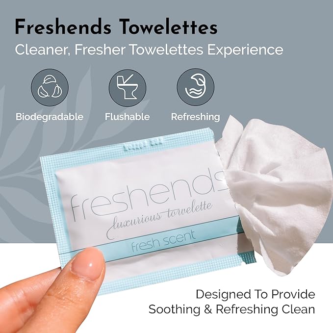 Freshends Flushable Individually Wrapped Wipes – 50 Bulk Pack Luxurious Towelettes, Guest Bathroom Essentials for Weddings, Restaurants, Bars & Clubs – Blue, Travel-Size, Disposable
