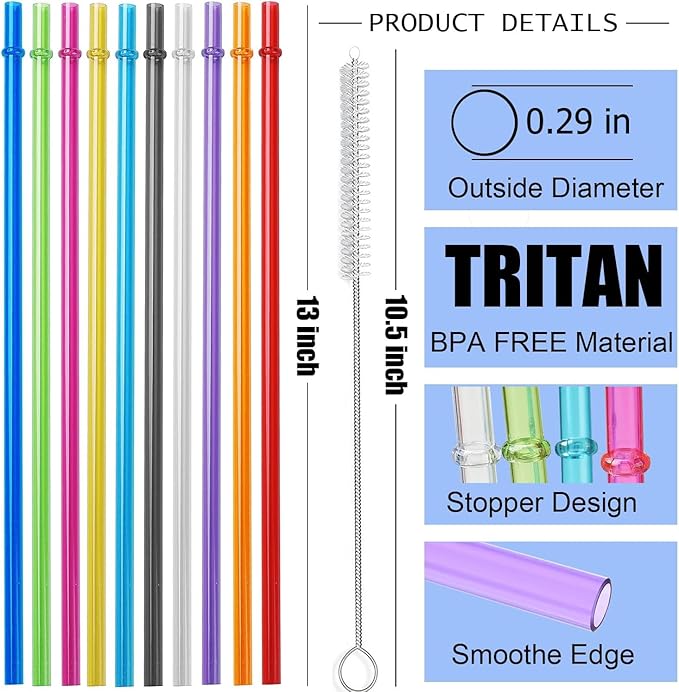 ALINK 13 inch Reusable Plastic Straws, Extra Long Colorful Tritan Tumbler Replacement Straws for Stanley Cups, 1 Gallon, 64/40/ 32 oz Water Bottles, Set of 10 with Brush