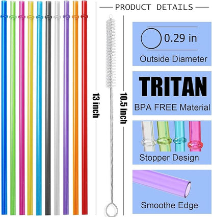 ALINK 13 inch Reusable Plastic Straws, Extra Long Colorful Tritan Tumbler Replacement Straws for Stanley Cups, 1 Gallon, 64/40/ 32 oz Water Bottles, Set of 10 with Brush