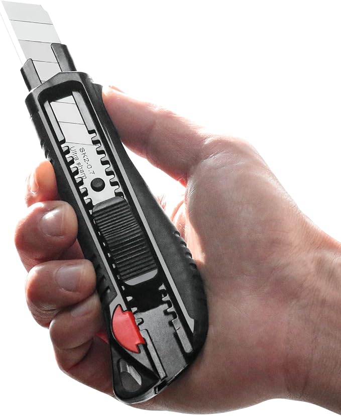 HAUTMEC 18mm Soft Grip Auto-Lock Utility Knife With Red Safety Switch, Sturdy Cutter with Ultra Sharp Black Snap-off Blade, HT0081-KN